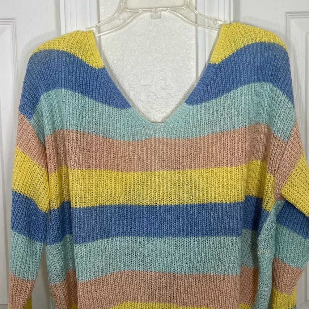 Gilli Sweater Pastel Rainbow Striped Twist Front Drop Shoulder Acrylic Size L